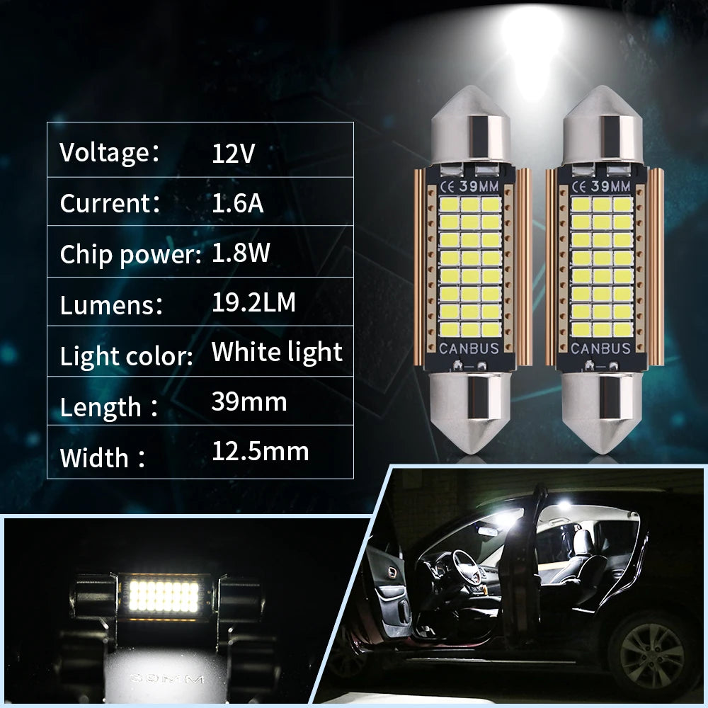 A pair of white LED bulbs with a 39mm length and 12.5mm width for car interior and license plate lighting.