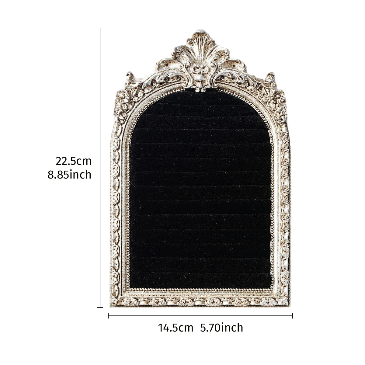 An arched resin jewelry display stand with a hand-painted floral design, featuring a black velvet insert and a silver frame.