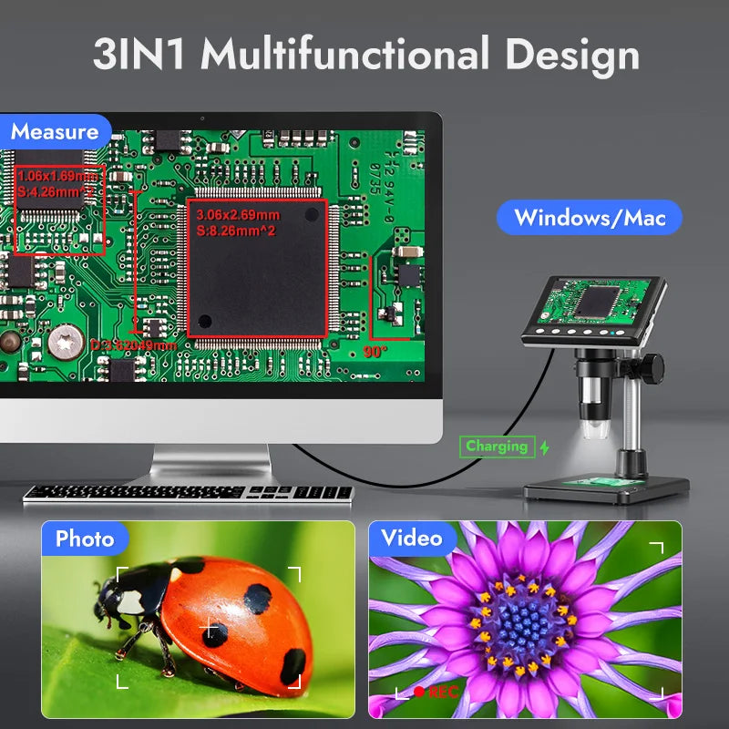 A 3-in-1 multifunctional digital microscope setup showing a circuit board, a microscope camera, and a close-up photo of a lad
