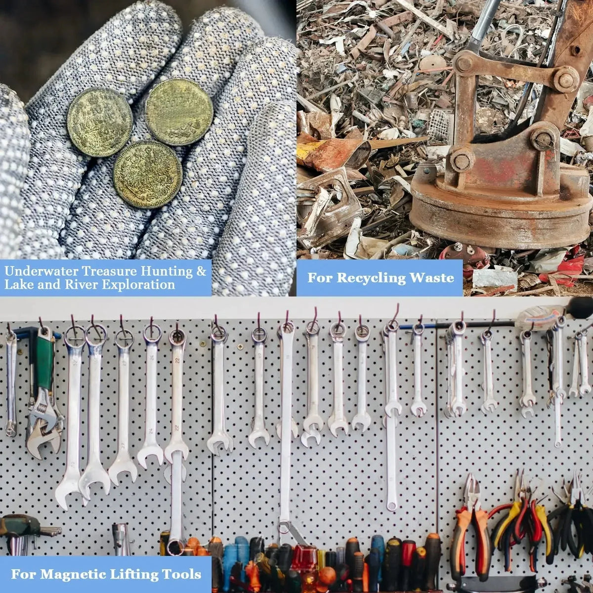 Eine Sammlung verschiedener magnetischer Hebewerkzeuge, darunter Zangen, Haken und spezielle Fischmagnethaken.