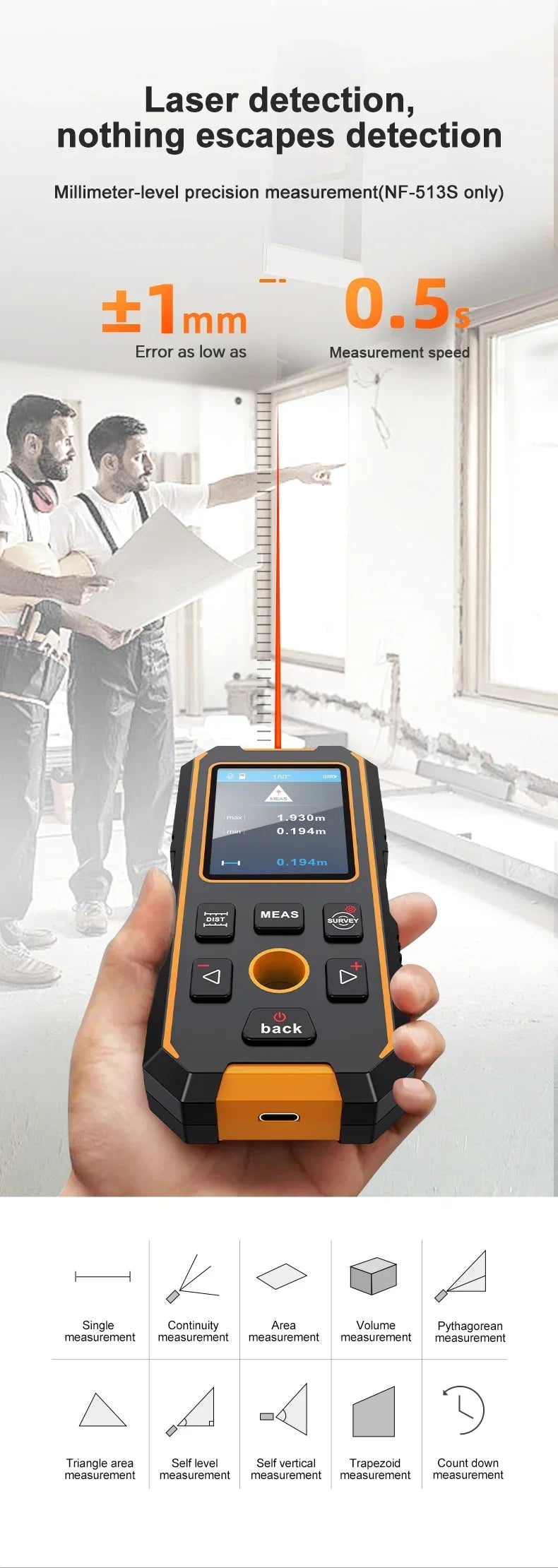 An orange and black laser distance meter device is held in a hand, demonstrating its precision measurement capabilities.