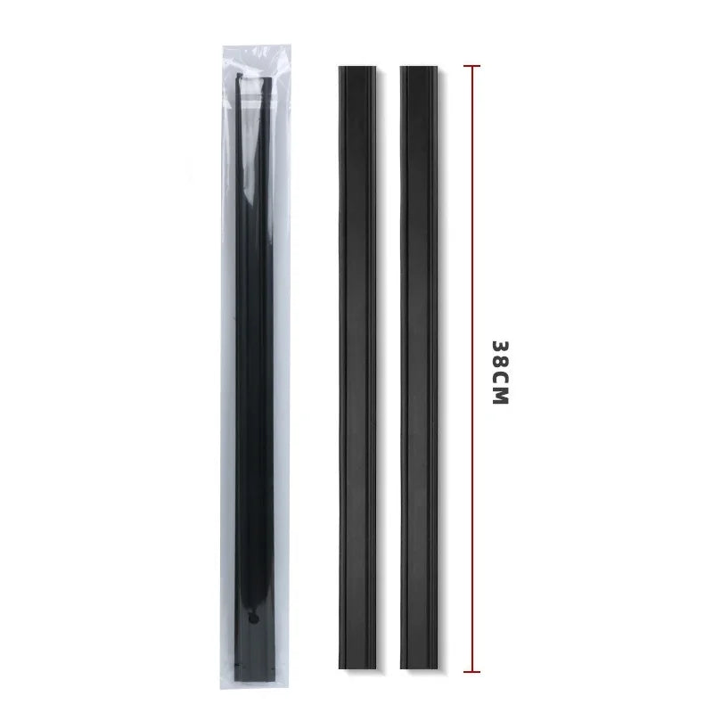 A vertical view of a black car side window wiper strip with a measurement scale.