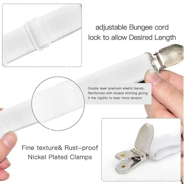 Housse de lit avec attaches élastiques réglables en bungee blanc, pinces en nickel et doubles bandes élastiques