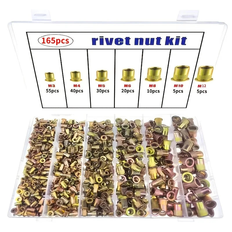 165-Piece Rivet Nut Assortment Kit, Galvanized Carbon Steel Threaded Inserts M3-M10