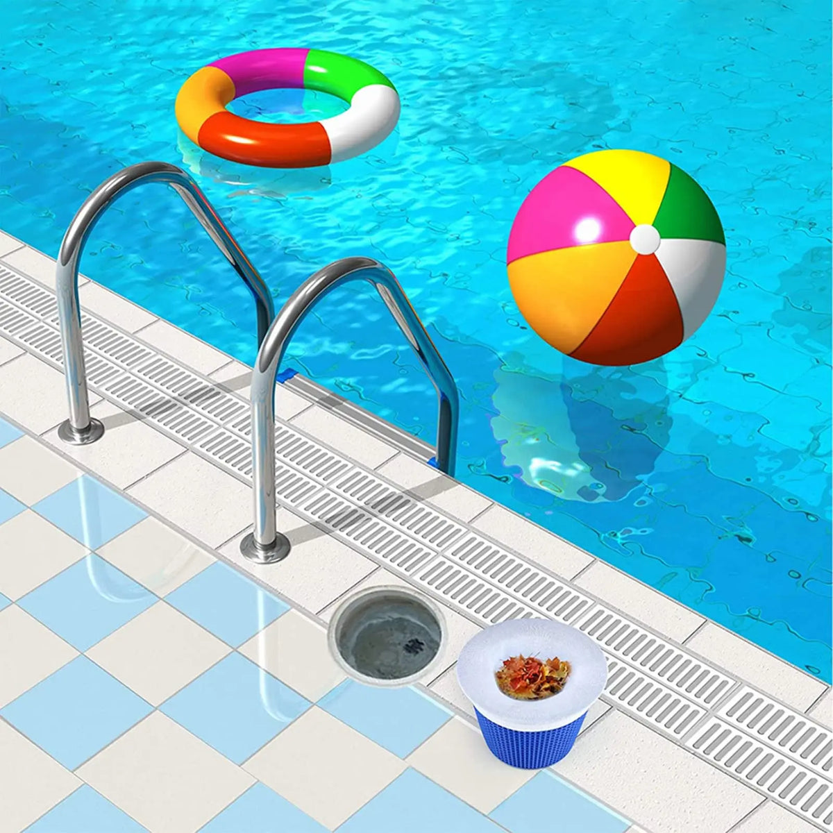 Wiederverwendbare Pool-Sickerfiltersocken schwimmen in klarem blauem Wasser neben einer Poolkante.