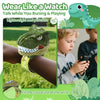 A lightweight, portable dinosaur head walkie talkie set for kids being used by a child outdoors.
