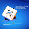 A 3x3 speed cube with corner-cutting features shown in various angles and colors.