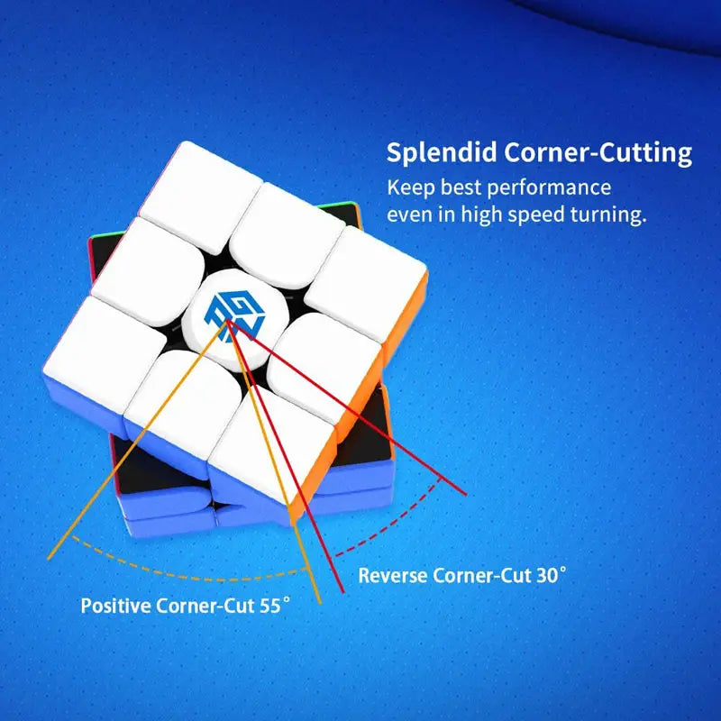 A 3x3 speed cube with corner-cutting features shown in various angles and colors.
