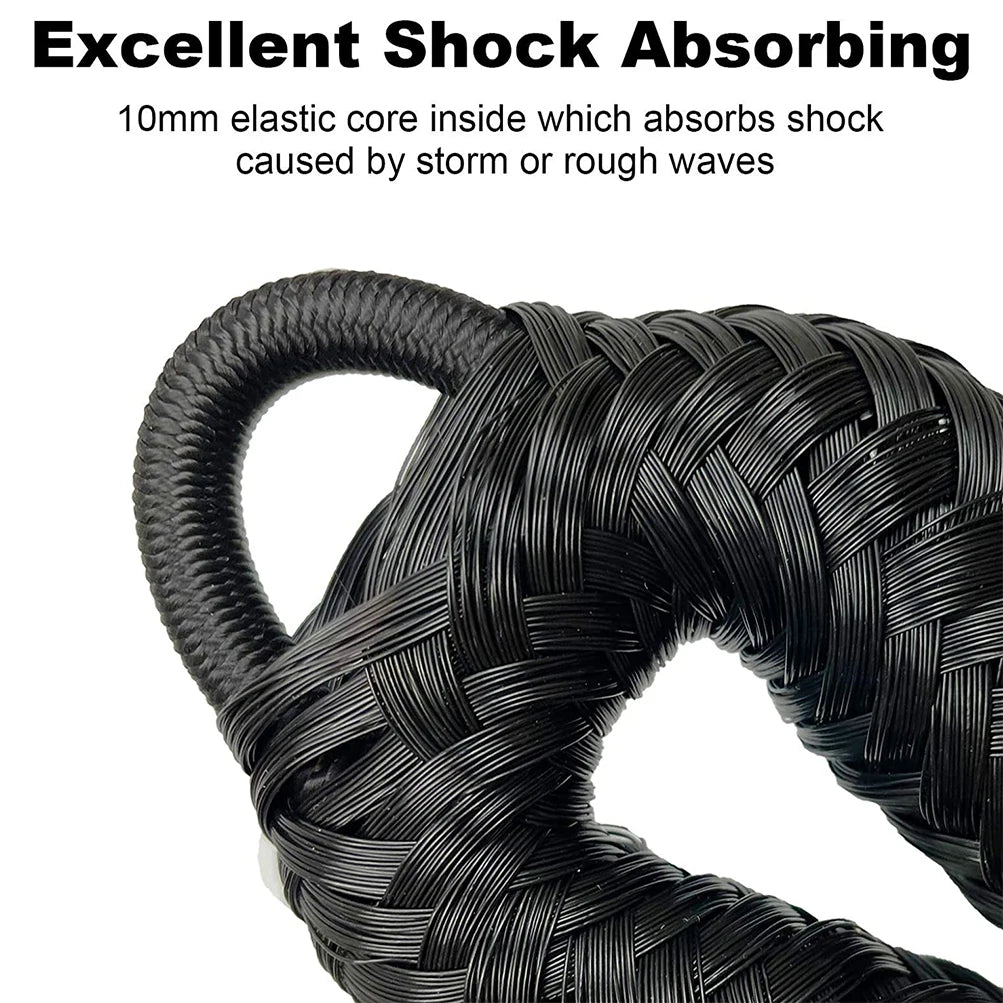 Close-up of black elastic marine dock lines with a woven texture designed for excellent shock absorbing.