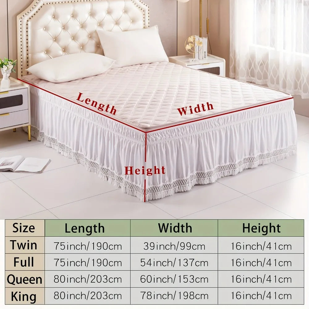 A set of white quilted bed skirts for twin, full, queen, and king sized beds with various dimensions.