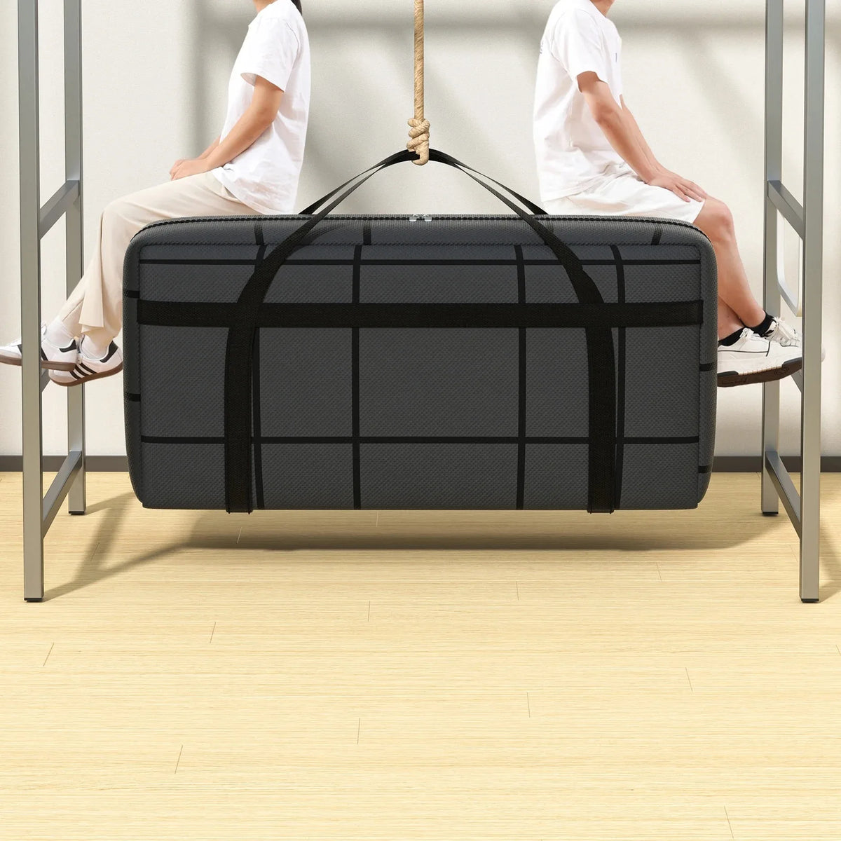 A black foldable non-woven storage bag hanging from a rack, with people seated nearby.