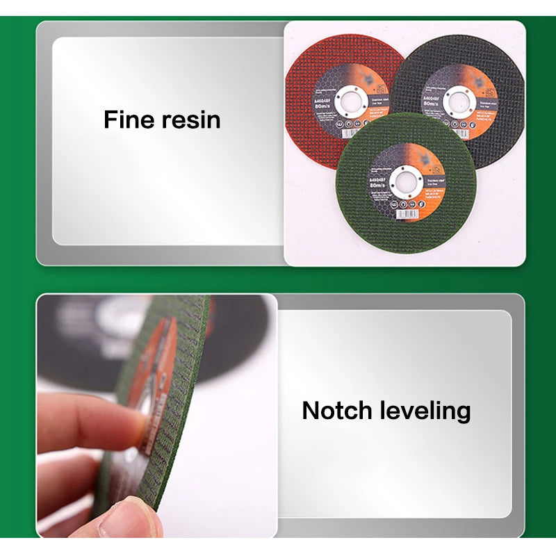 A set of fine resin metal cutting discs and a notch leveling tool for angle grinders.