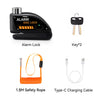 Alarm Disc Lock product shown with a key, safety rope, and Type-C charging cable.