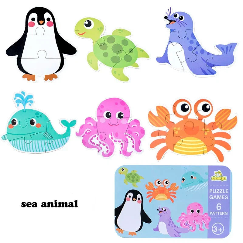 A set of six wooden animal puzzles featuring a penguin, a dinosaur, a frog, a turtle, a purple fish, and an orange crab.
