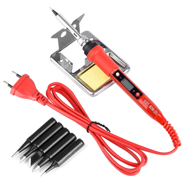 A red soldering iron with an LCD display and a wire, along with a set of tips.
