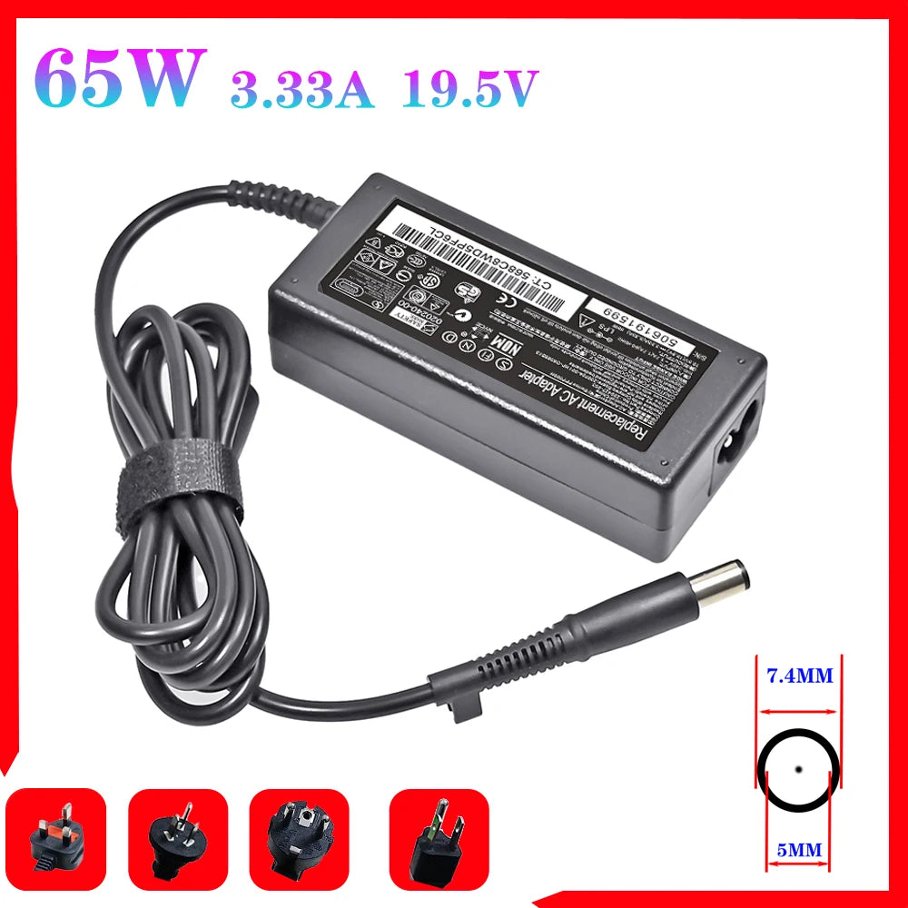 Adaptateur secteur noir 65W 3.33A 19.5V AC avec câble et diverses pointes de connexion
