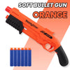 An orange soft bullet gun toy with a black grip and blue foam darts shown against a light background.