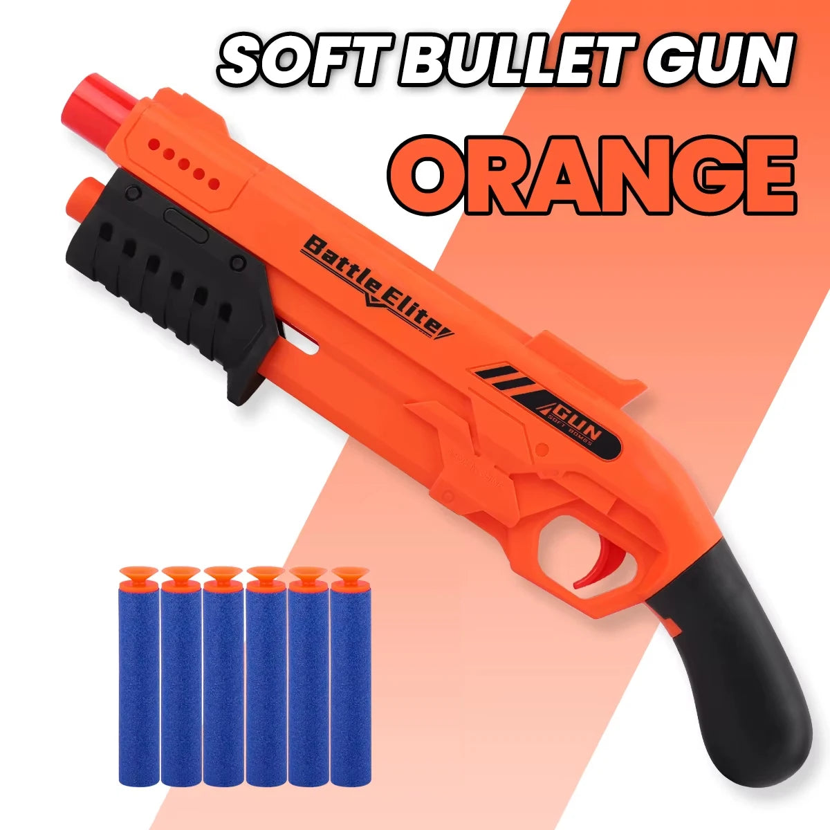 An orange soft bullet gun toy with a black grip and blue foam darts shown against a light background.
