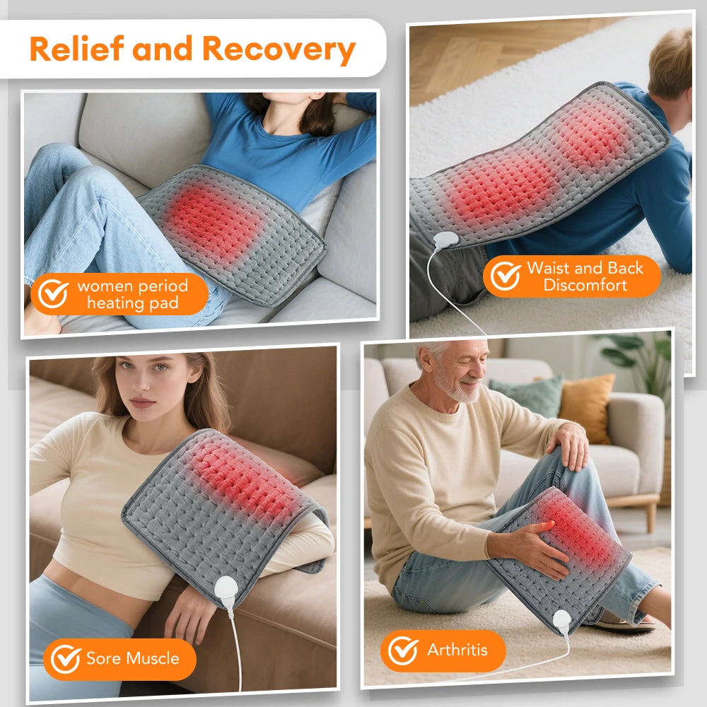 A multi-heat electric heating pad is shown being used on a person's back and waist for pain relief and recovery.