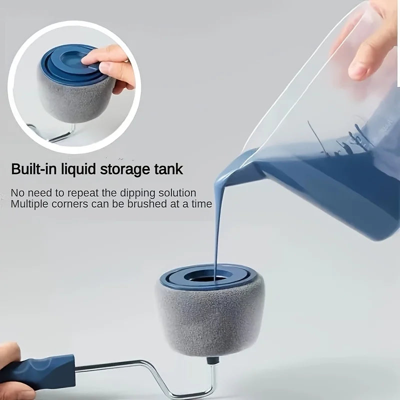 A hand is using a self-priming paint roller with a built-in liquid storage tank to apply paint on a wall.