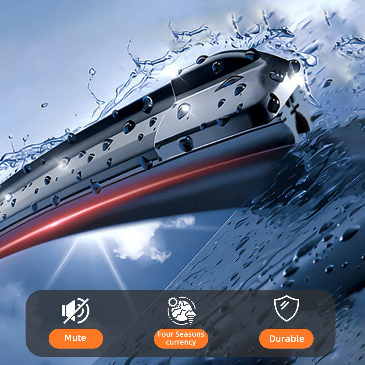 Close-up of a frameless wiper blade being used on a windshield, showing water spray and the product features.