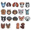 A collection of various dog-themed PVC pins and charms featuring different breeds and expressions.
