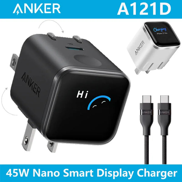 Schwarzer Anker 45W Nano Smart Display Ladegerät mit Ladekabeln in verschiedenen Winkeln