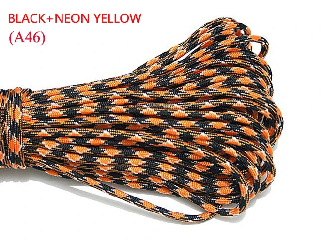 A close-up of black and neon yellow paracord rope, labeled A46, showing the braided texture.