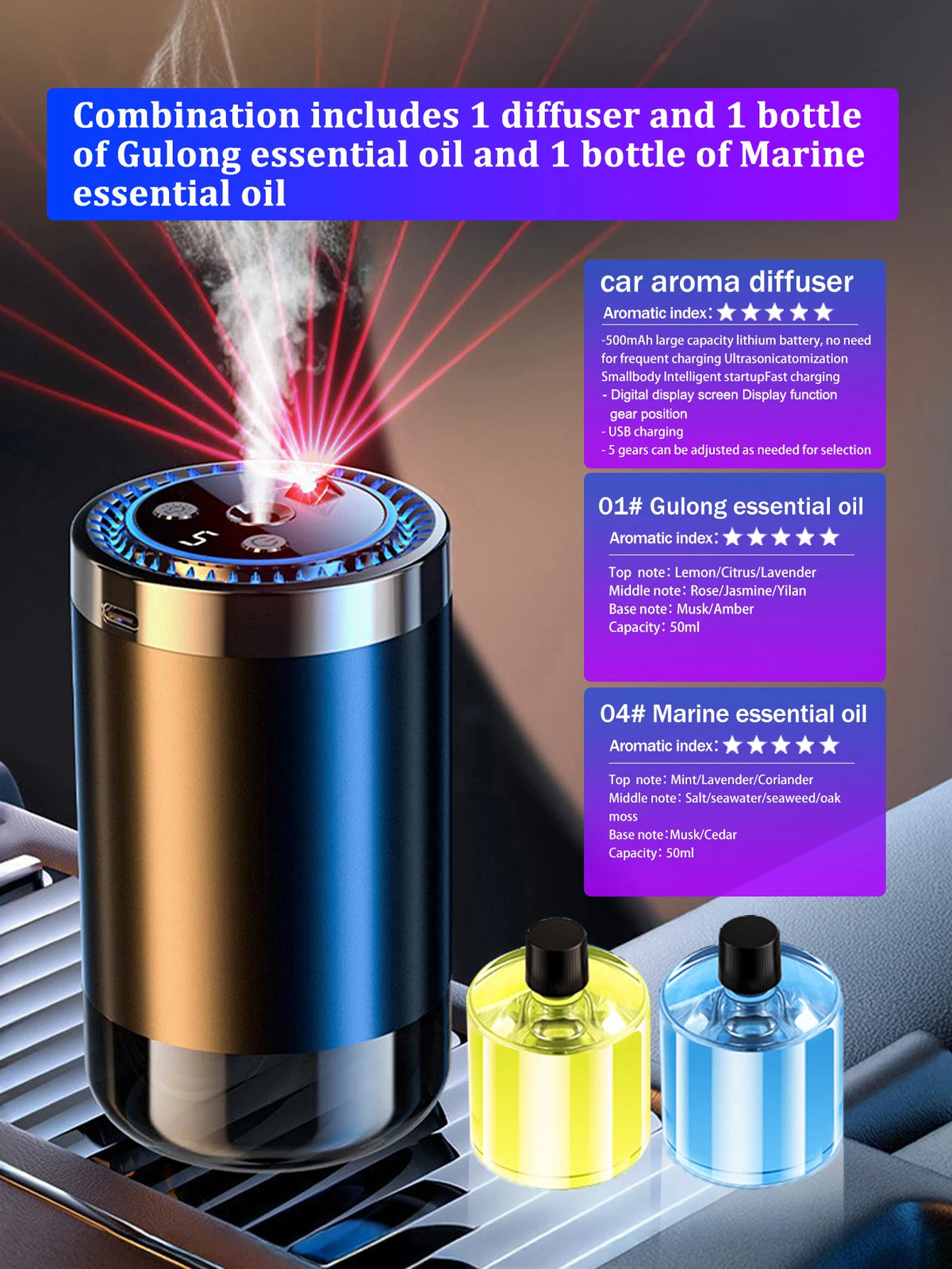 Un kit combiné comprenant un diffuseur d'arôme pour voiture et deux flacons d'huile essentielle est exposé sur une surface.