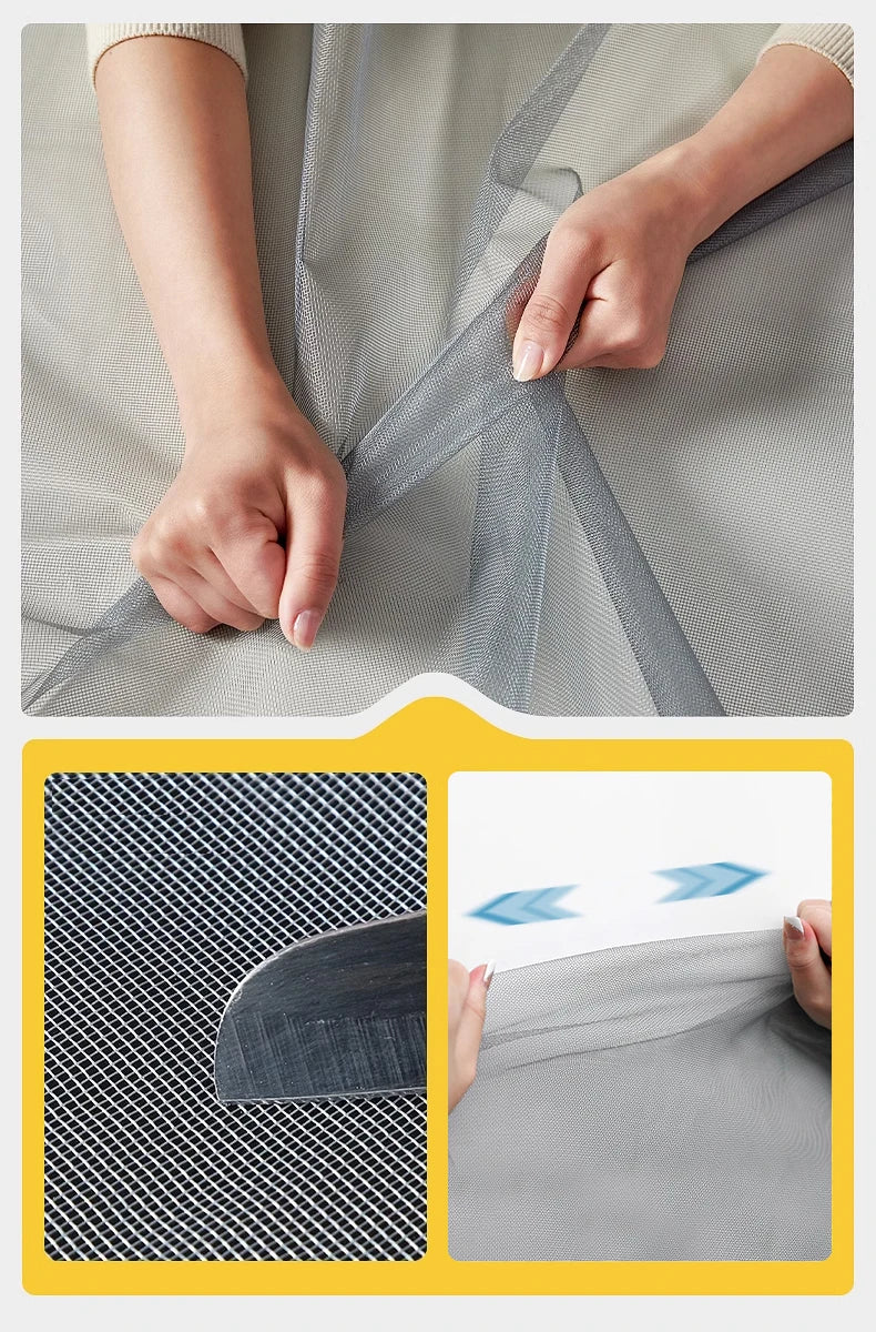 Hands are installing a magnetic screen door curtain using Velcro on a gray fabric.