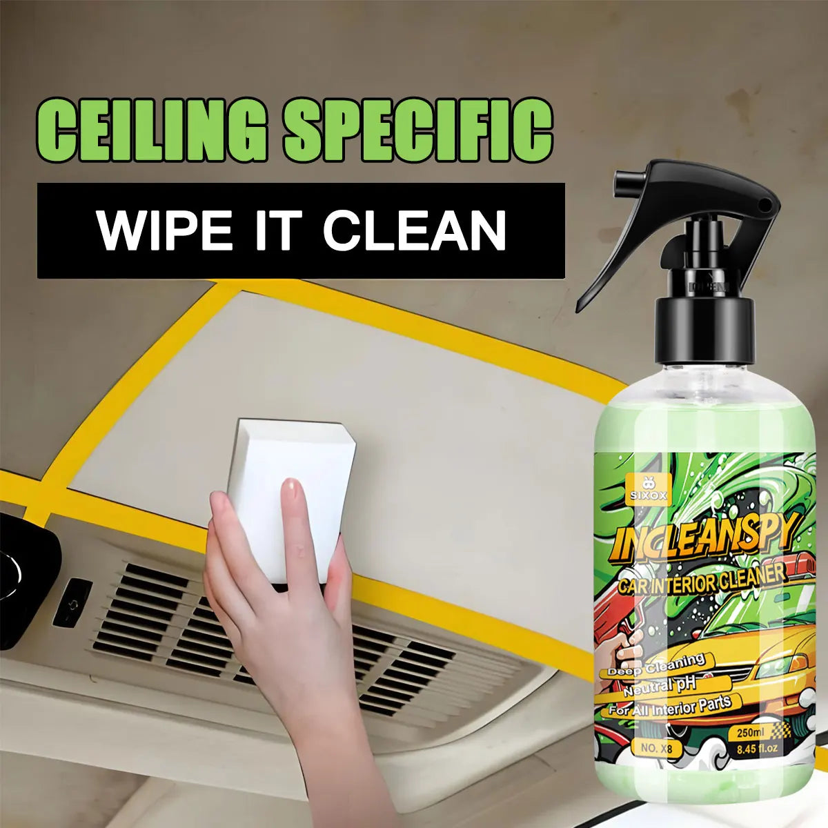 A bottle of Incleanspy car interior cleaner is shown next to a white cleaning wipe and an air conditioner vent.