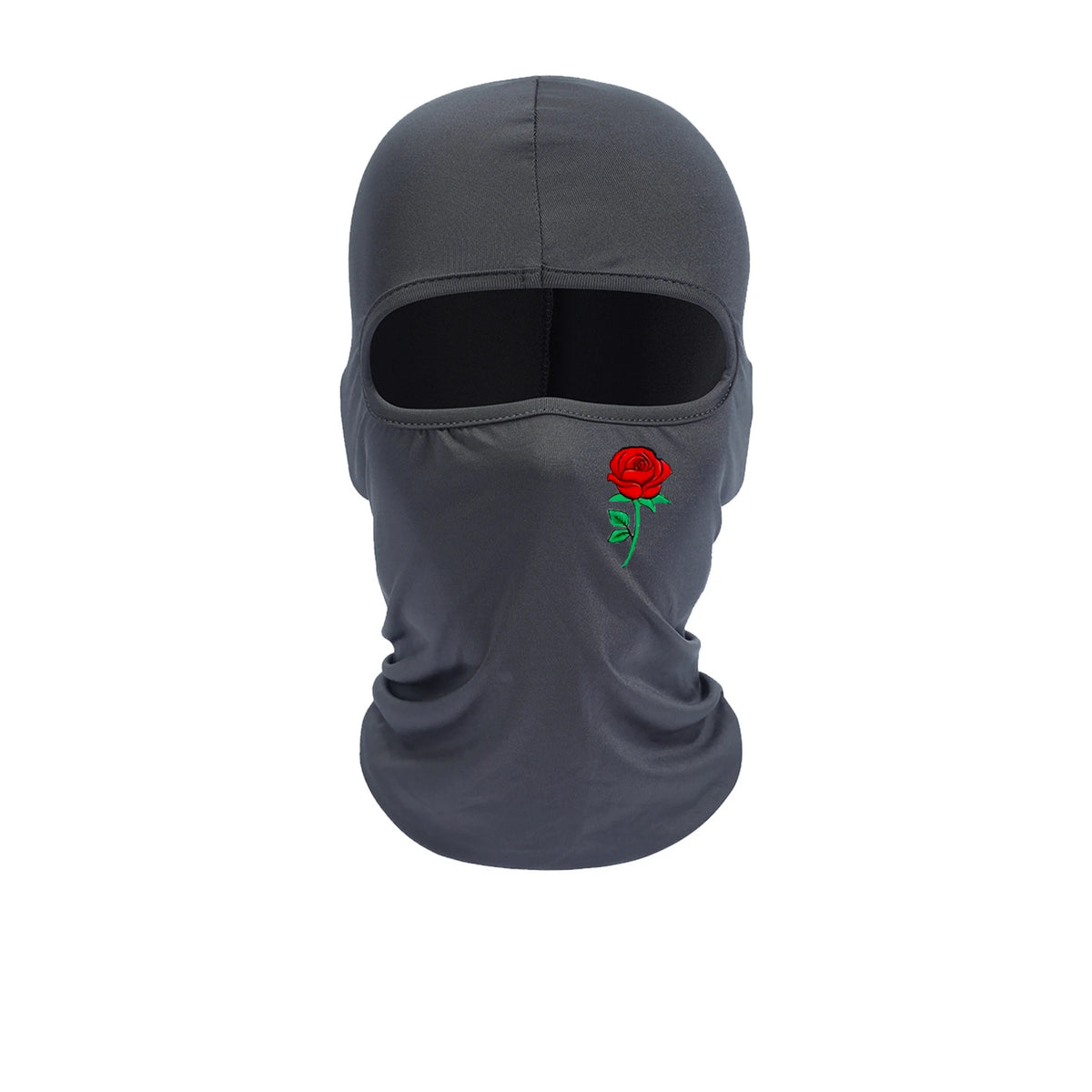 A dark gray balaclava face mask with a red rose embroidered on the chest.