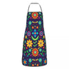 A purple Mexican floral art apron with colorful flowers and leaves.