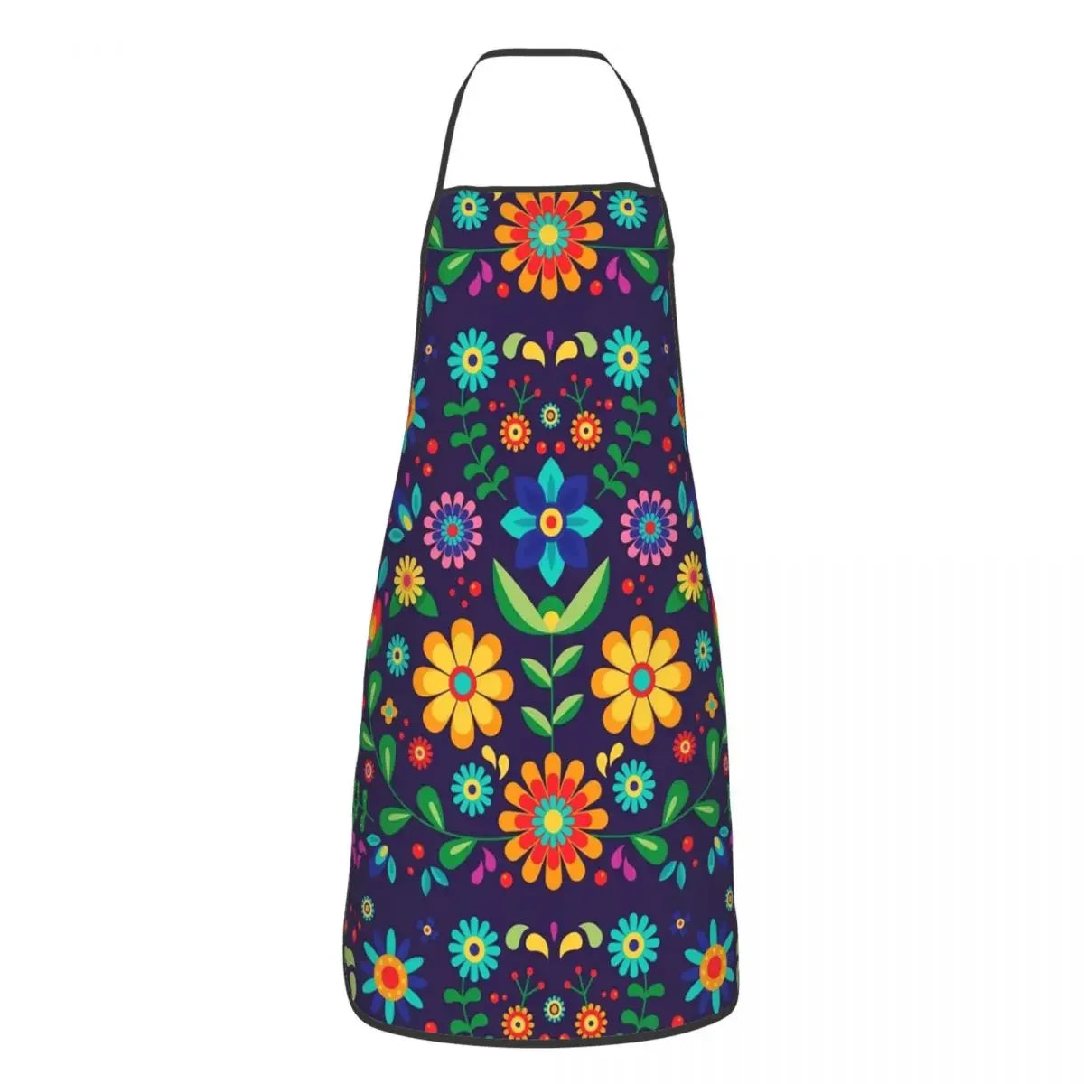 A purple Mexican floral art apron with colorful flowers and leaves.