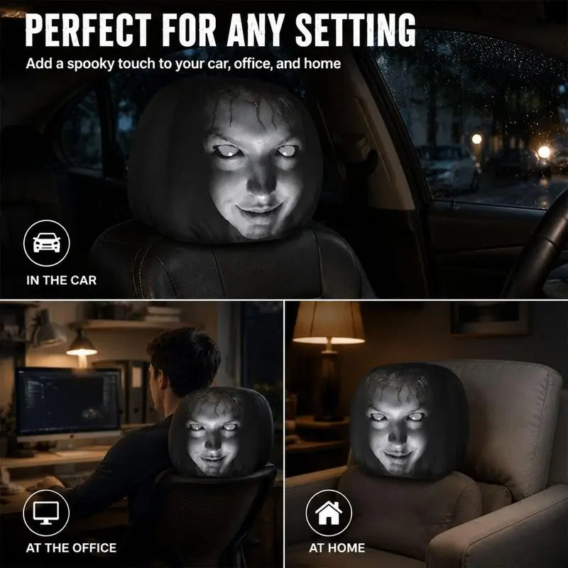 Two black ghost face headrest covers shown in contexts: in a car, at an office, and at home.