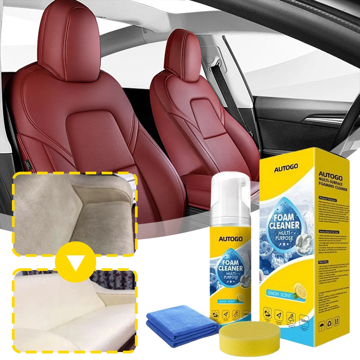 A bottle of AUTOGO foam cleaner and a box for multipurpose foam cleaner for car interiors and upholstery