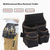 A black and brown multifunctional tool kit waist bag with multiple pockets shown next to a person's torso.
