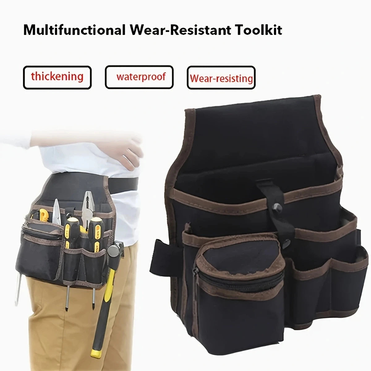 A black and brown multifunctional tool kit waist bag with multiple pockets shown next to a person's torso.