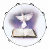 A white dove is flying over an open book, symbolizing peace or a message.