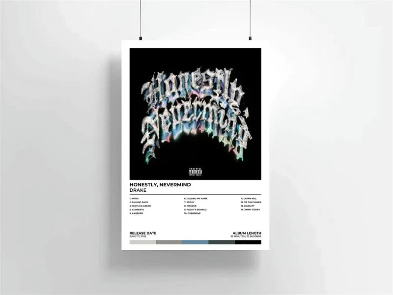 A black and white canvas print featuring the album art for Drake's Honestly, Nevermind.