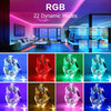 A collection of smart RGB LED strip lights showing various dynamic modes and colors.