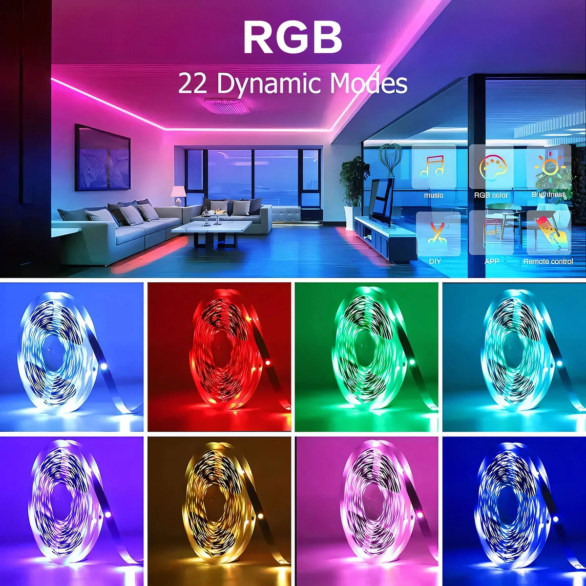A collection of smart RGB LED strip lights demonstrating 22 dynamic modes and various color patterns.