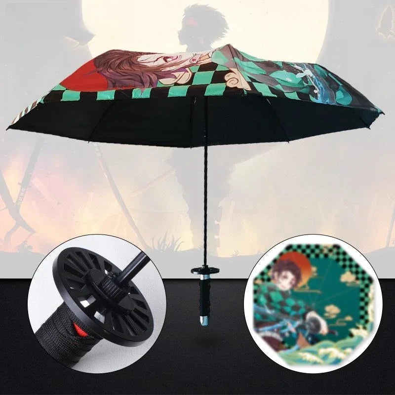 A folding umbrella featuring a Demon Slayer theme with a character design and a checkered pattern.