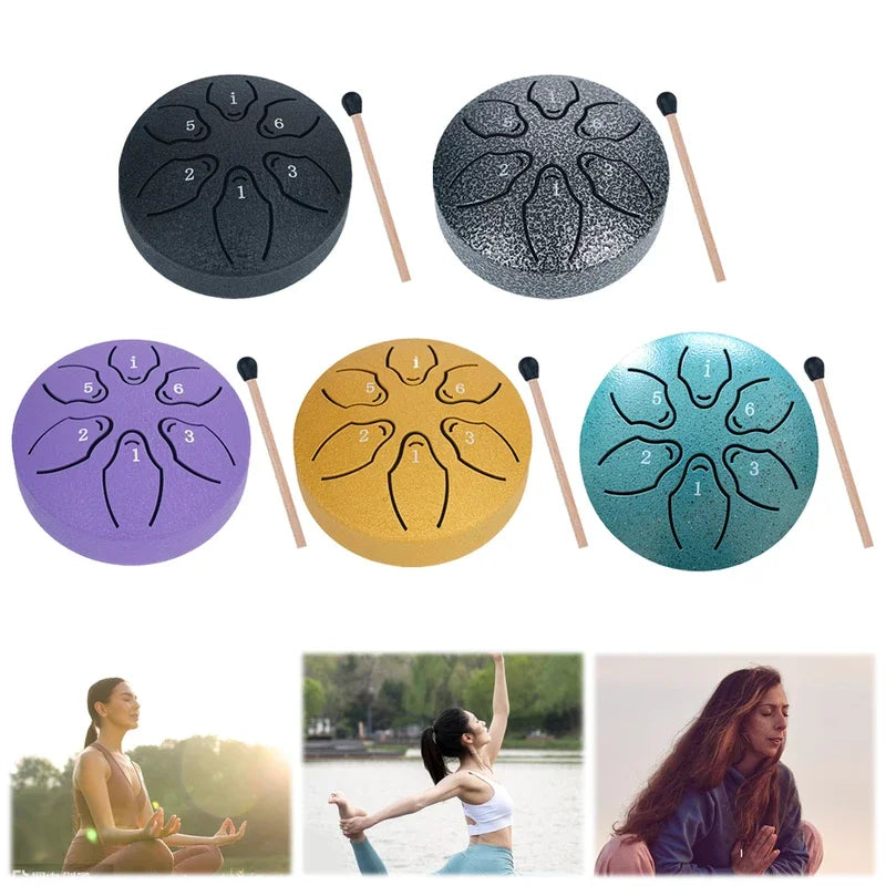 Six-tone steel tongue drum hand pan in purple, yellow, and teal colors with wooden mallets.