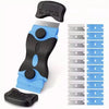 A black and blue versatile 2-in-1 glass and hob scraper with replacement blades shown in various configurations.