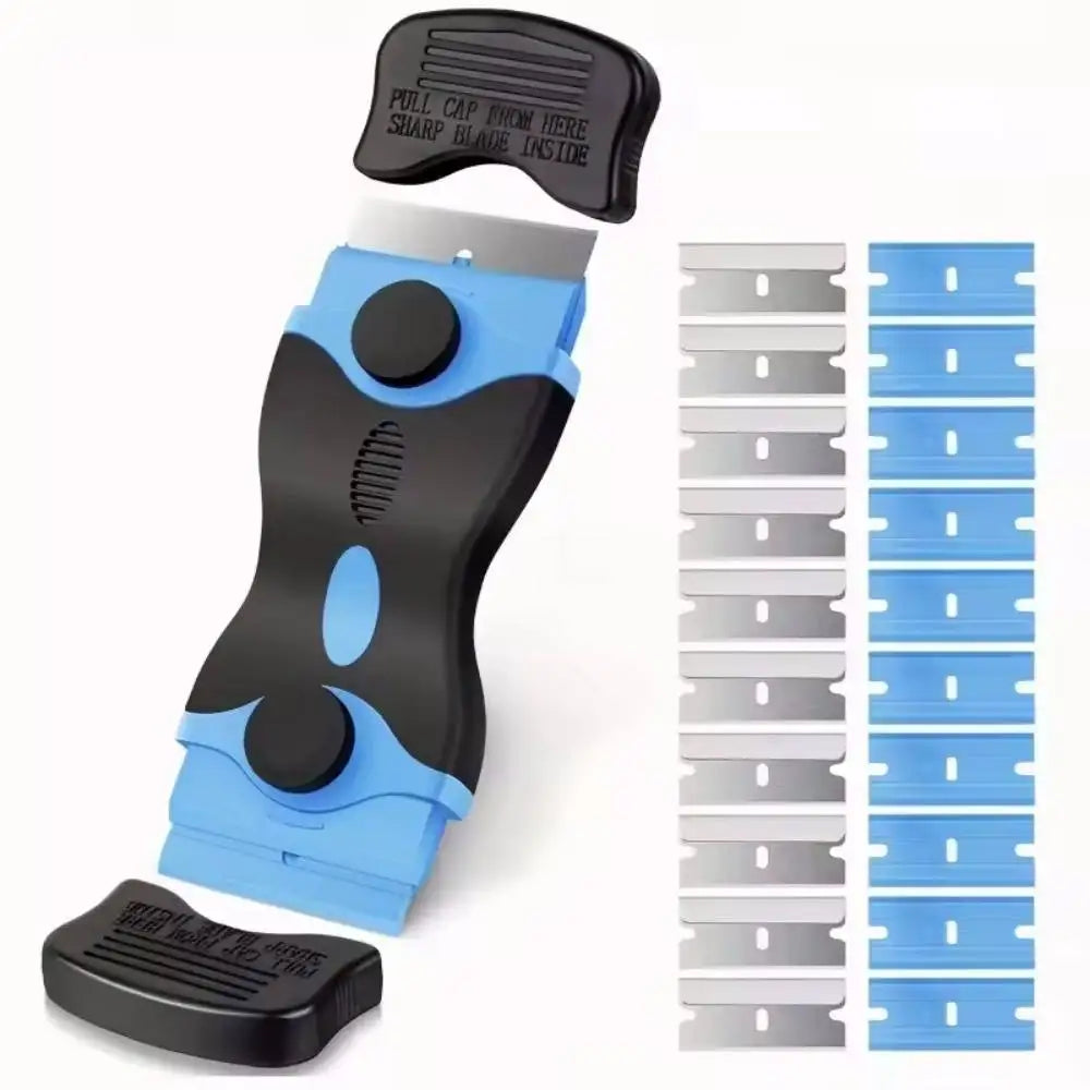 A black and blue versatile 2-in-1 glass and hob scraper with replacement blades shown in various configurations.