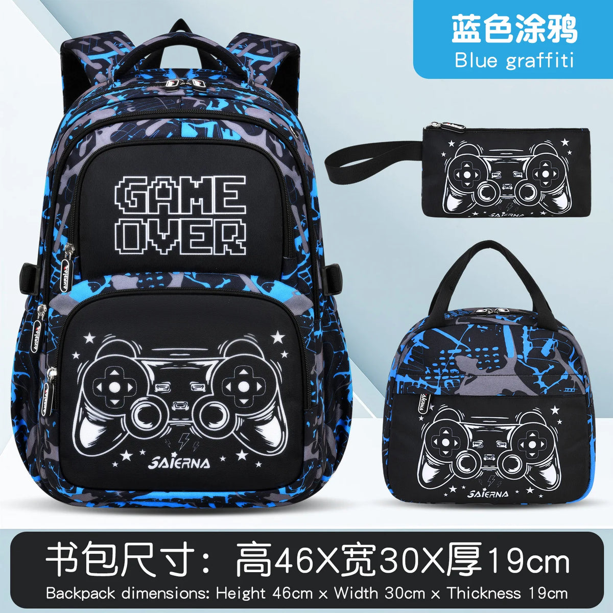 Schwarze und blaue Graffiti-Muster-Rucksack und Beutelset mit Game Over-Design.