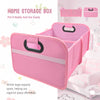 A pink foldable car trunk organizer box with carry handles shown in an open view.