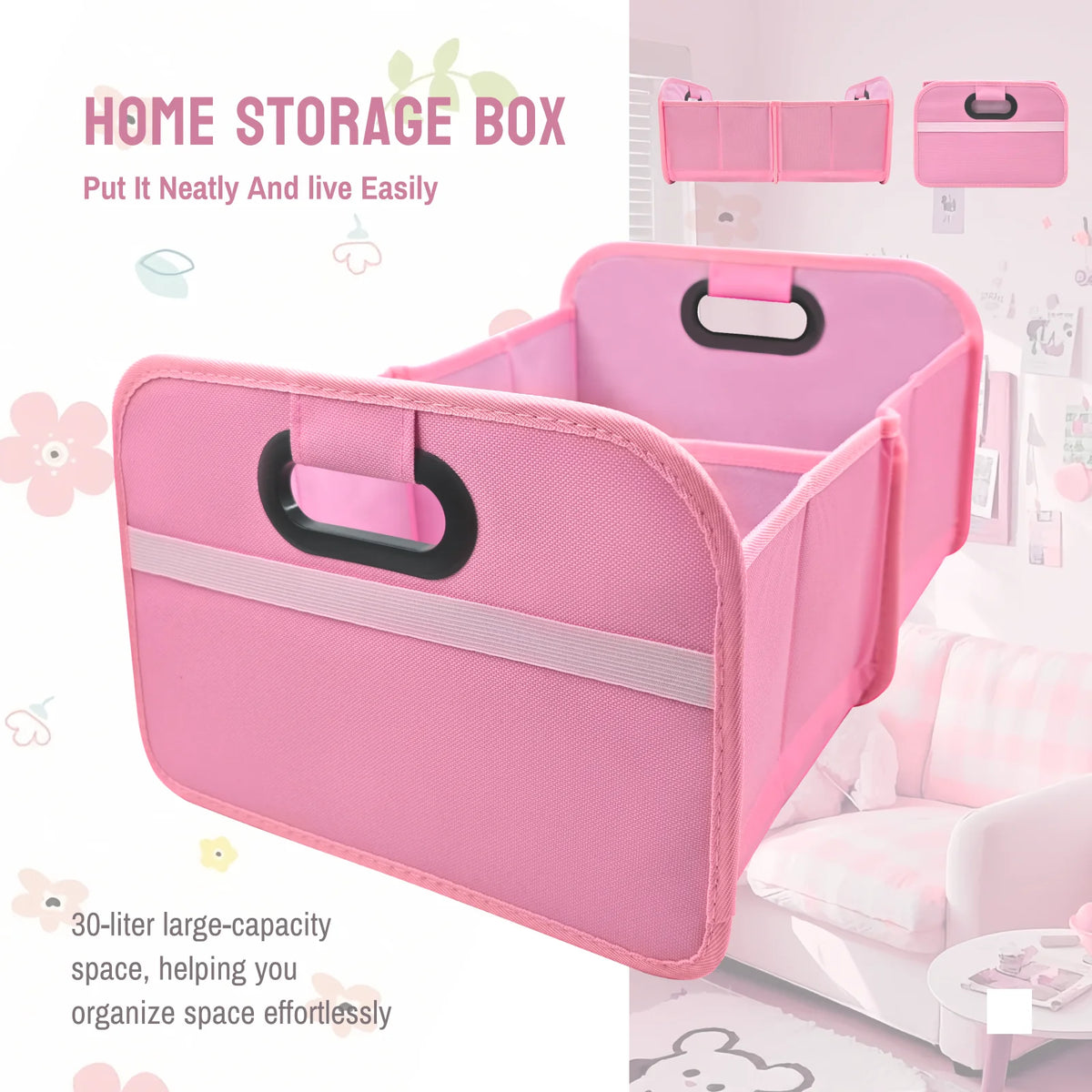 A pink foldable car trunk organizer box with carry handles shown in an open view.