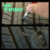 A hand is operating a self-repair rubber tire puncture nails kit on a black rubber tire tread.
